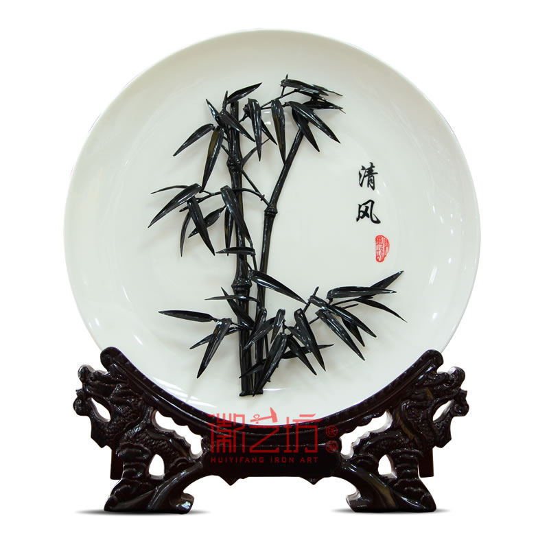 清風(fēng)竹瓷盤蕪湖鐵畫(huà)擺件 安徽特色手工藝文化禮品國(guó)家級(jí)非遺