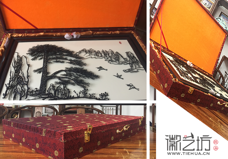 雞翅木雙面旋轉(zhuǎn)臺屏迎客松六尺巷鐵畫禮盒展示