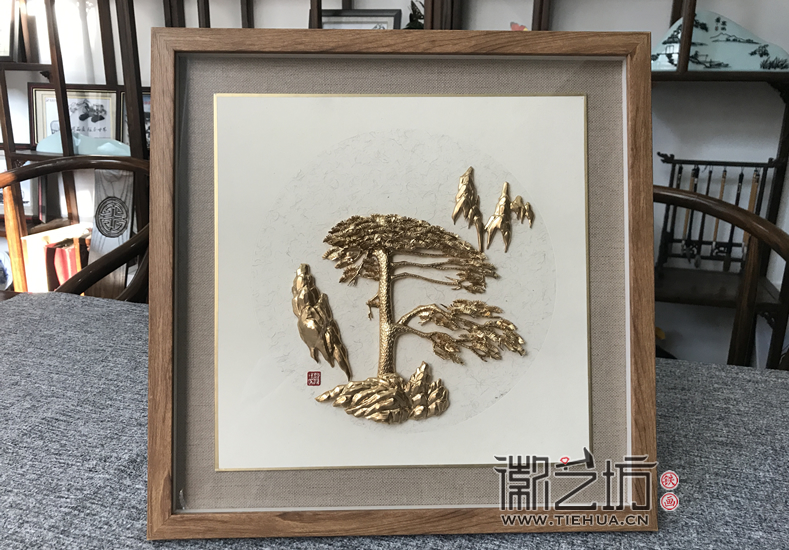 徽藝坊原創(chuàng)天圓地方鍍金原木框鐵畫擺臺 (4)