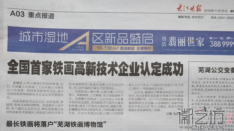 全國首家鐵畫高新技術(shù)企業(yè)認定成功-徽藝坊鐵畫 全國首家鐵畫高新技術(shù)企業(yè)認定成功-徽藝坊鐵畫