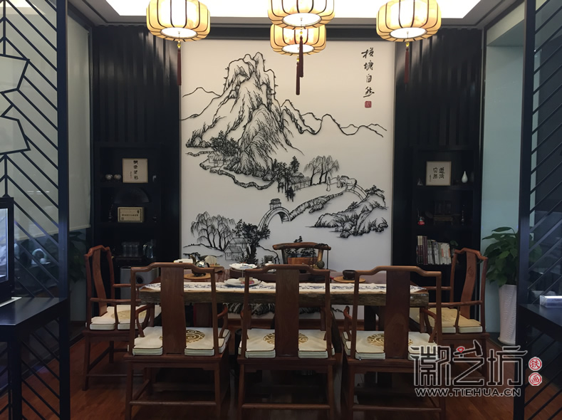 自然美鉆蕪湖旗艦店VIP茶室定制山水蕪湖鐵畫壁畫
