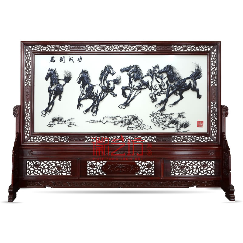 馬到成功雕花屏風(fēng)鐵畫(huà) 單位大廳屏風(fēng)隔斷 國(guó)家級(jí)非遺藝術(shù)品