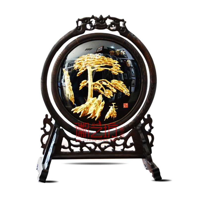 古典臺(tái)屏雙面鍍金鐵畫迎客松+馬到成功 商務(wù)會(huì)議饋贈(zèng)禮品 安徽特色手工藝術(shù)